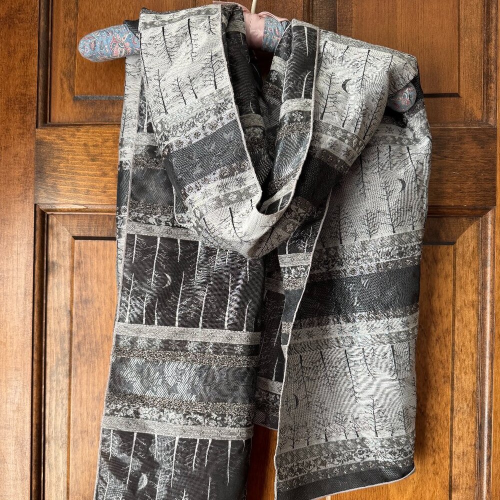 Dark Gray w/Silver Trees & Moon Motif Scarf 70" x 19" - Made in France